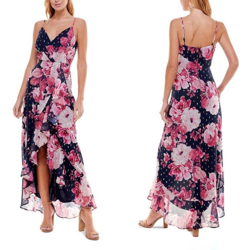 Crystal Doll Juniors Size 5 Sleeveless Dress Navy Pink Chiffon Floral Gown NEW